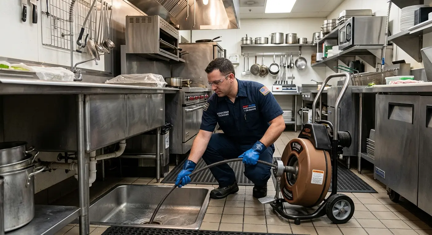 Commercial drain cleaning service in a restaurant kitchen in North Branford