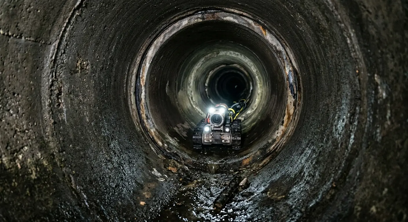 Robotic sewer camera inspecting pipe interior for Sewer Line Cleaning in North Branford