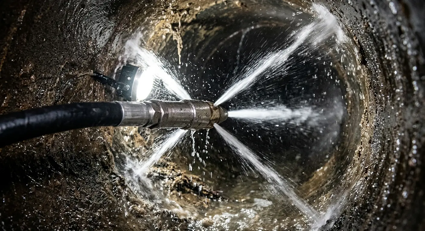 High-pressure hydro jetting nozzle cleaning sewer pipe for Sewer Cleanout in North Branford