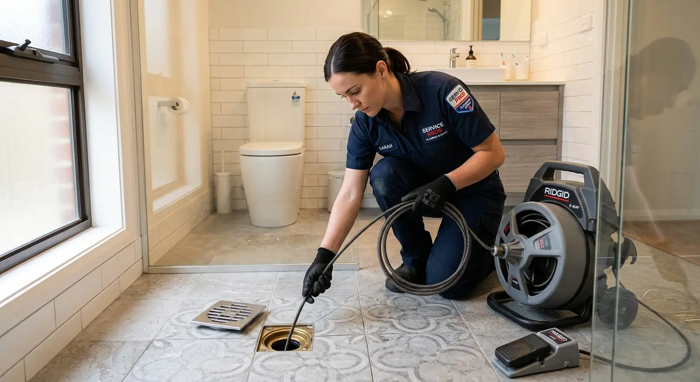 Technician clearing a bathroom floor drain for Hydro Jetting in North Branford